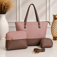Dual Tone Leather Shoulder Tote Bag - 3 Piece Set