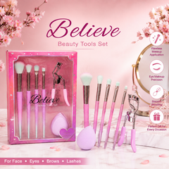 Believe Beauty Tools Set – 6 PCS Makeup Brush Set with Beauty Blender & Eyelash Curler