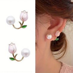 Delicate Tulip Flower Earrings With White Faux Pearl