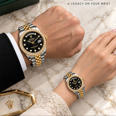 ROLEX Couple Watches Set – Arabic Dial, Day & Date Display, Steel Chain and Master Crown Lock