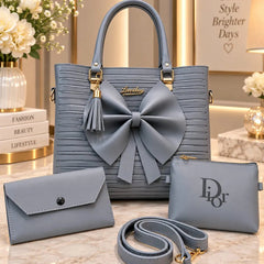 Ribbed Bow Handbag - 4 Piece Set