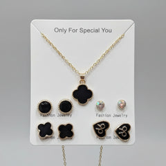 Black Clover Pendant Necklace with 4 Pairs Earrings Jewelry Set