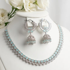 Silver-Tone American Diamond Necklace & Hanging Jhumka Earrings Set