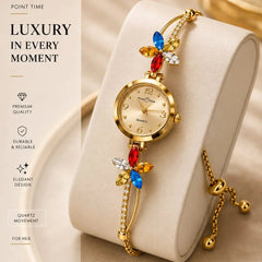 Point Time Floral Crystal Bracelet Quartz Watch for Women