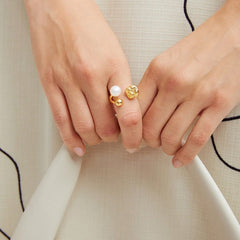 Stainless Steel Open Bypass Ring with White Pearl & Gold