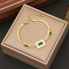 Stainless steel Green stone Square Charm Bracelet - Each