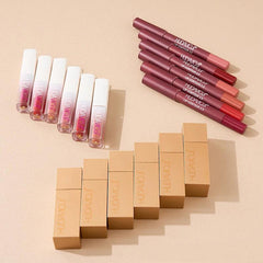 3 in 1 Hudamoji Set Velvet Matte Lipstick , Waterproof Lip Pencil & Lip Gloss Set