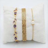 3 Pcs Bracelet Set – Purple Floral, Mesh Chain & Pearl Charm