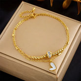 Stainless Steel Gold-Plated Double Layer Heart Charm Anklet