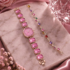 Octagon-Cut Bracelet Watch Plus Trending Tulip Hand Bracelets For Her - With Box