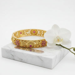 Stainless Steel Ornate Heritage Gold Bangle Set - Ruby and Diamond Accent