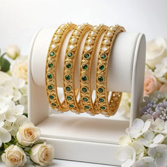 Stainless Steel Artisanal Heritage Bangle Set - Emerald and Gold - Each