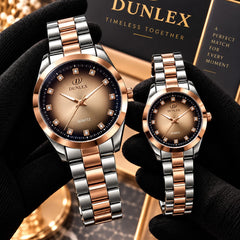 DUNLEX Luxury Couple Watch Pair Set – Brass Case, Steel Chain, Colorful Nugina Dial & Push-Button Lock