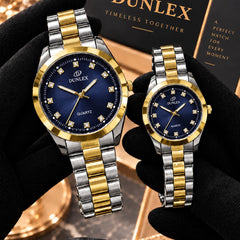 DUNLEX Luxury Couple Watch Pair Set – Brass Case, Steel Chain, Colorful Nugina Dial & Push-Button Lock