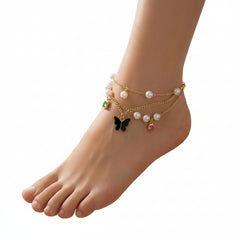 Gold-Toned Layered Pearl Butterfly Anklet