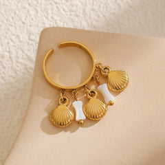 Stainless Steel Open Ring with Shell Charms & White Beads