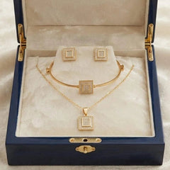 Gold Square Crystal Necklace Bangle and Earrings Jewelry Set