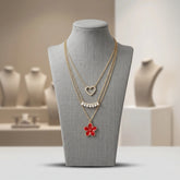 Gold-Toned Multi-Layered Heart & Floral Pendant Necklace
