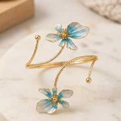 Stainless Steel blue enamel floral open arm cuff - Each