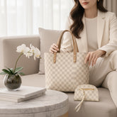 Checkerboard Shoulder Tote Bag Set with Pouch