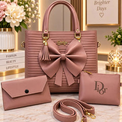 Ribbed Bow Handbag - 4 Piece Set