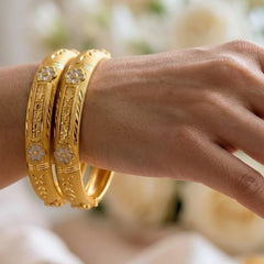 Elegant Gold Plated Floral Carved Bangle Pair