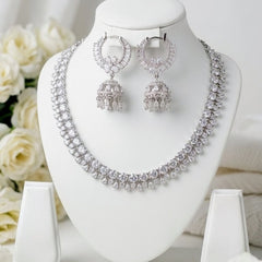 Silver-Tone American Diamond Necklace & Hanging Jhumka Earrings Set