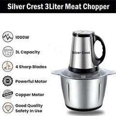 Silver Crest Stainless Steel Meat Chopper Machine Electric 4Blades