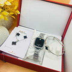 Luxury touch LED watch and black clover motif jewelry gift set
