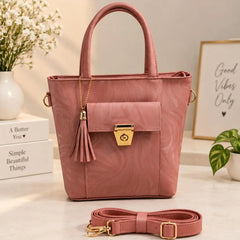 Marble Print Flap Pocket Top Handle Tote Bag with Tassel & Strap