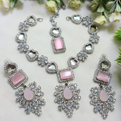 Zircon Necklace Set – Silver Mint Pink & Silver Steel Polish