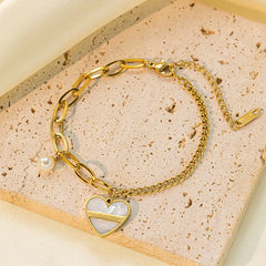 Stainless Steel Heart-Shaped Pearl Bracelet - Each