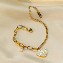 Stainless Steel Heart-Shaped Pearl Bracelet - Each