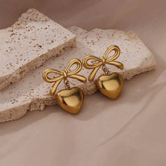 Stainless Steel Bow and Heart Drop Earrings