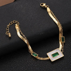 Stainless steel Green stone Square Charm Bracelet - Each