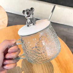 Cute Glass Coffee Mug Milk Cup With Spoon And Cartoon Bear Silicone Lid