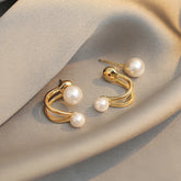 Elegant Double Loop Pearl Stud Earrings for Women - Each Pair