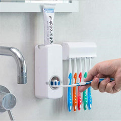 Toothpaste Dispenser + Five Toothbrush Holder Wall Mount Stand Bathtub Gear