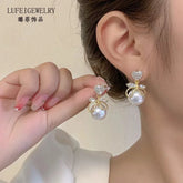 Heart Rhinestone Faux Pearl Drop Earrings - Each