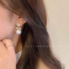 Heart Rhinestone Faux Pearl Drop Earrings - Each