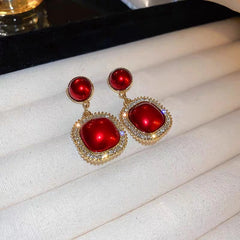 Red Geometric Rhinestone Statement Earrings - Each