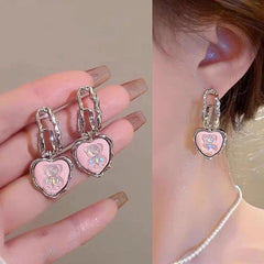 Pink Bear Heart Silver Needle Earrings - Each