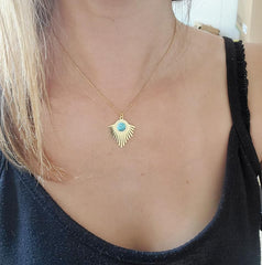 Gold Sunburst Turquoise Pendant Necklace