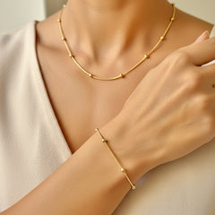 Stainless Steel Gold-Tone Beaded Chain Necklace & Bracelet Set