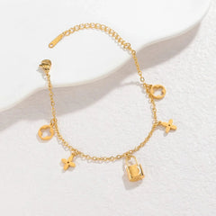 Stainless Steel Lock Charm Bracelet with Clover & Flower Design