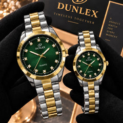 DUNLEX Luxury Couple Watch Pair Set – Brass Case, Steel Chain, Colorful Nugina Dial & Push-Button Lock