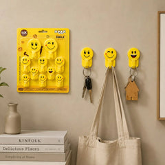 Yellow Smiley Face Adhesive Wall Hooks – Pack of 10