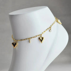 Gold Heart & Crystal Charm Anklet