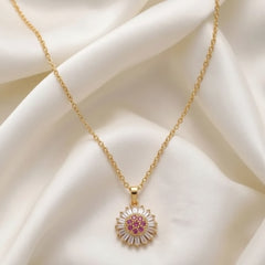 Gold Plated Sunflower Pendant Necklace with Red Center - Each