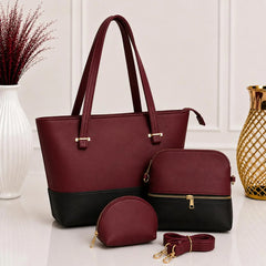 Dual Tone Leather Shoulder Tote Bag - 3 Piece Set